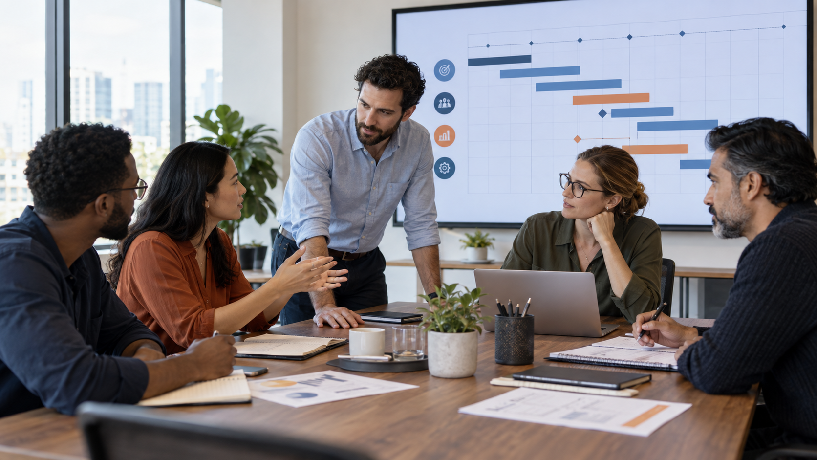 Project Management team collaborating around a connected workflow